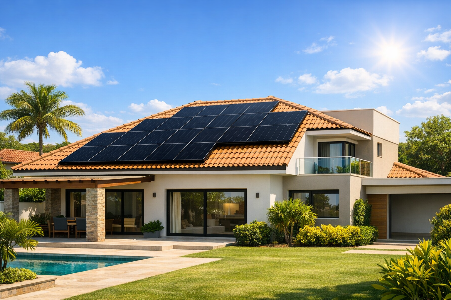 Residência com painéis solares instalados no telhado